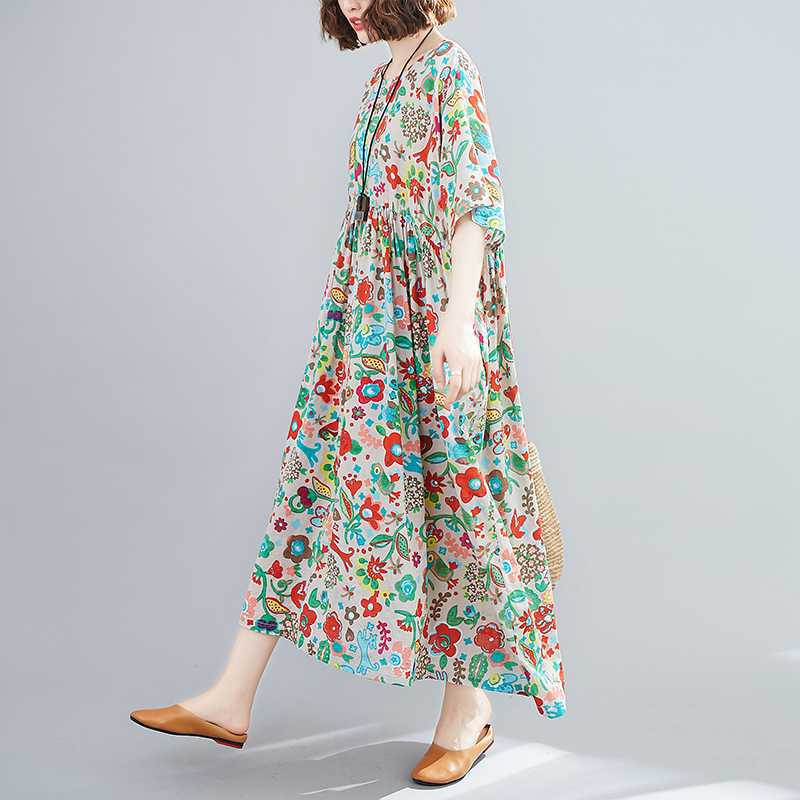 

Summer Printed Short Sleeved Round Neck Dress for Women one size