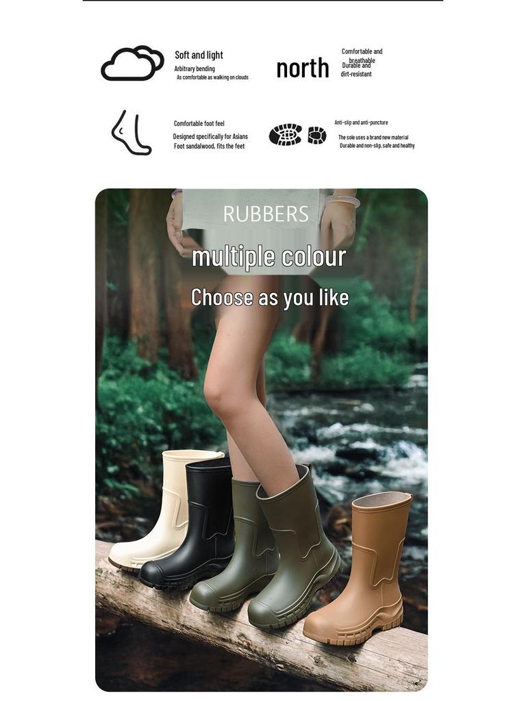 Women's 2025 Fashion Mid-Calf Waterproof Non-Slip Silicone Rain Boots with Thick Sole