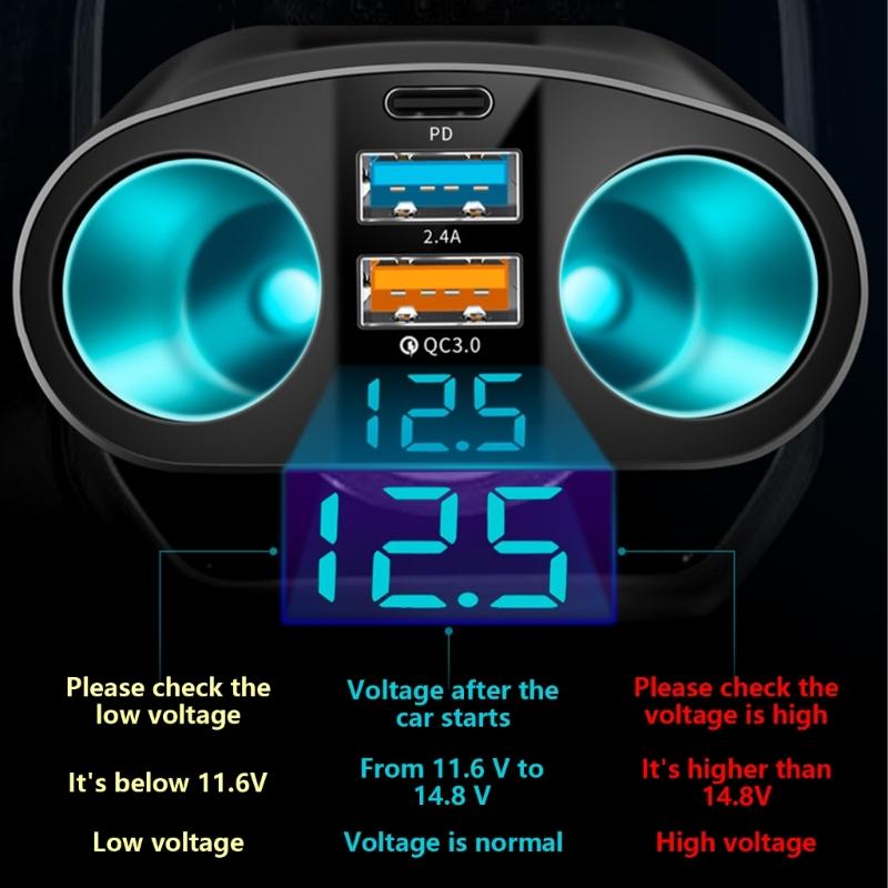 12V/24V Vehicles Lighter Socket Double USB Type C Quick Charging Car Charging Splitter Adapter with LED Display