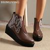 Women Wedges Ankle Boots Embroidery Designer Retro Mid Heels Shoes  Trend Winter New Classic Goth Leather Botas De Mujer