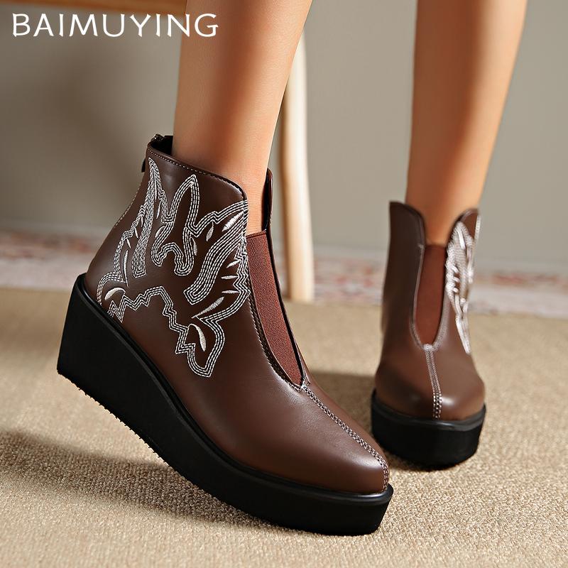 Women Wedges Ankle Boots Embroidery Designer Retro Mid Heels Shoes  Trend Winter New Classic Goth Leather Botas De Mujer
