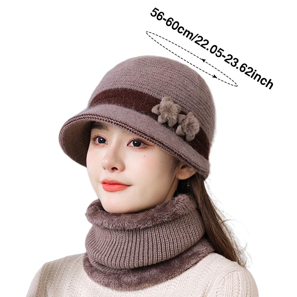 Outdoor Elderly Middle Aged Winter Beanie Hat Scarf Fleece Lining Warm Knit Bucket Hat Windproof Hat Scarf Set for Women
