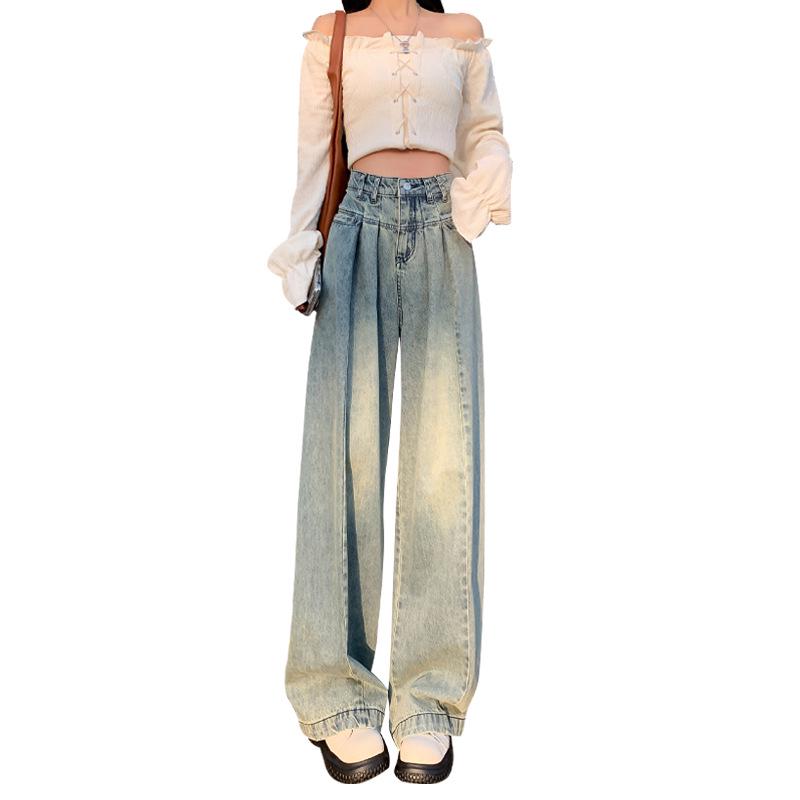Women's High Waist Distressed Retro Jeans: Wide-Leg, Slim Drape Trousers for Spring and Autumn
