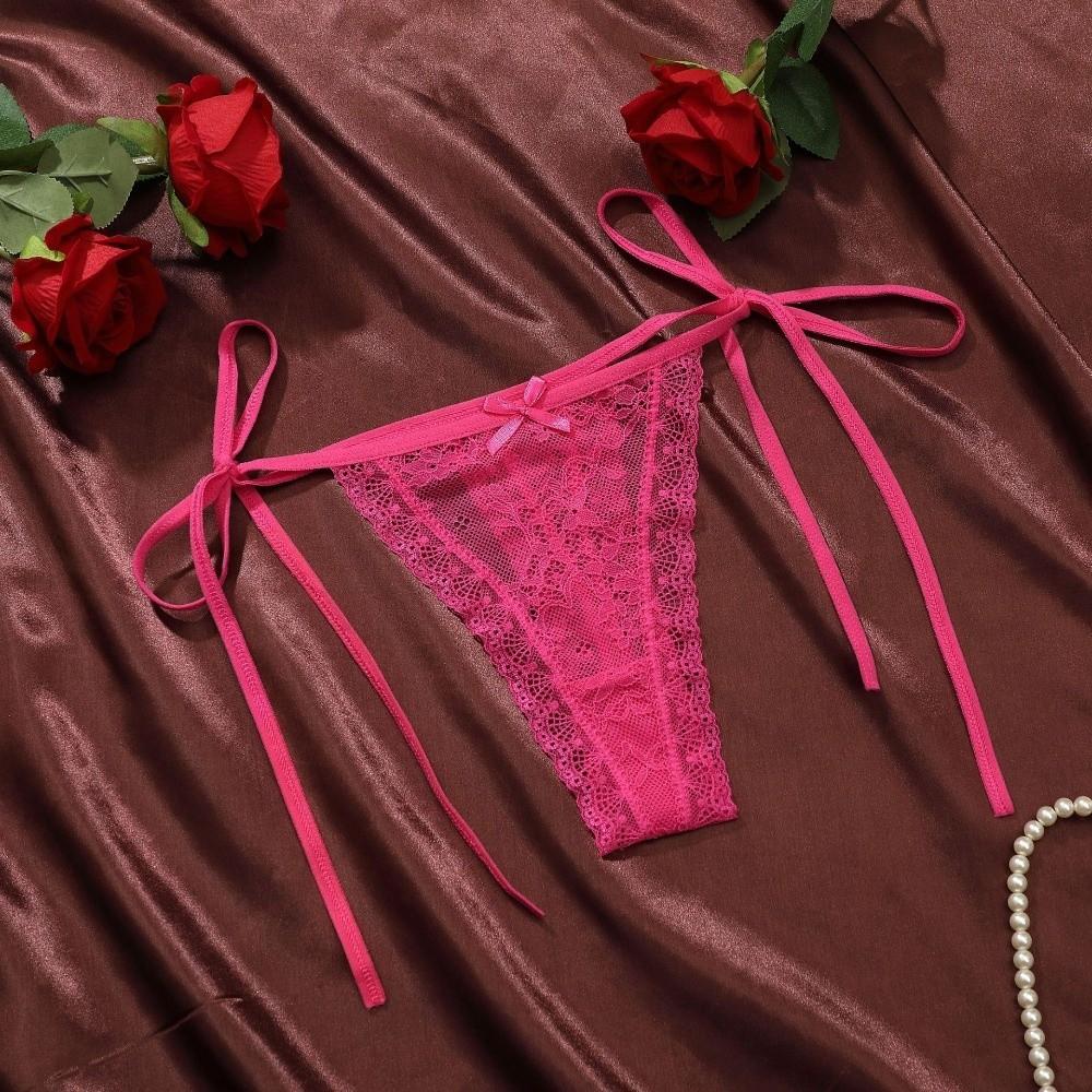Adjustable Waist Strap Bow Lace Flower Transparent Briefs Low Waist Romantic T Panties Lady