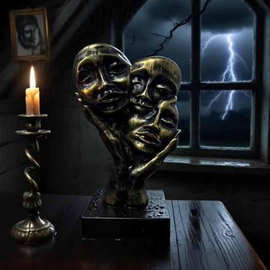 Gothic Bronze Face Sculpture Abstract Dark Art Human Face Resin Figurine