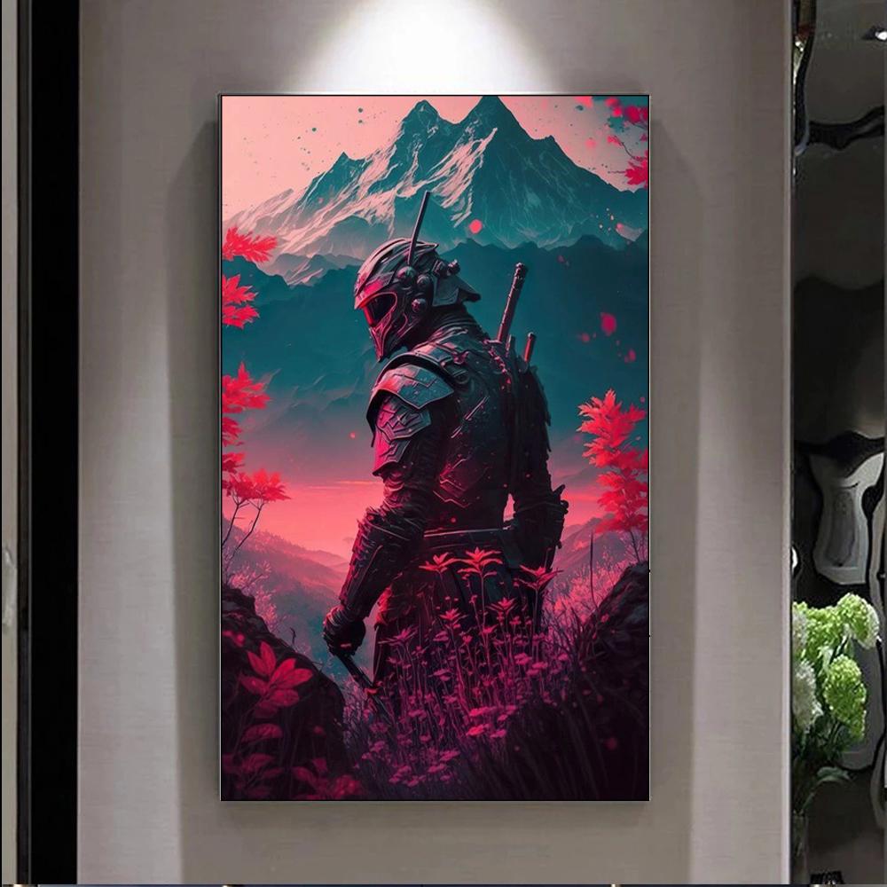 Japanese Anime Samurai Sakura Warrior Figures at Sunset Art Painting Wall Canvas Posters Prints for Room Home Decor Frameless