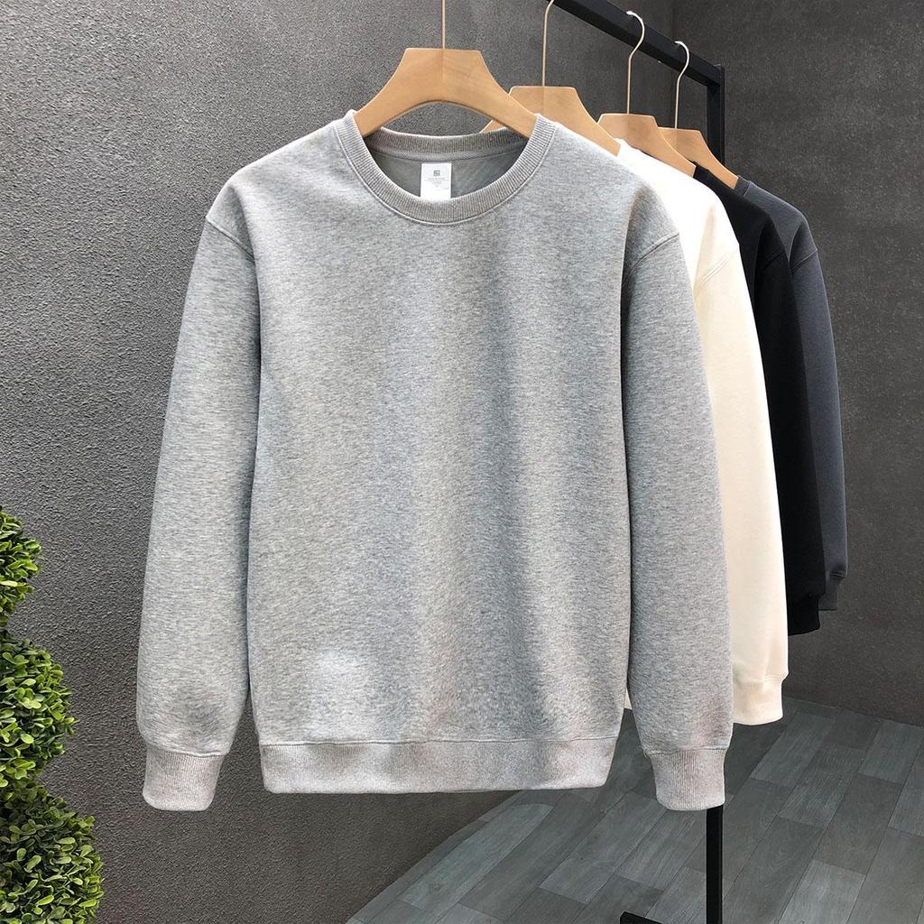 Men's Winter Fleece-Lined Sweatshirt: Solid Color, Round Neck, Long-Sleeve, Available in White & Black. Perfect for Spring and Autumn.