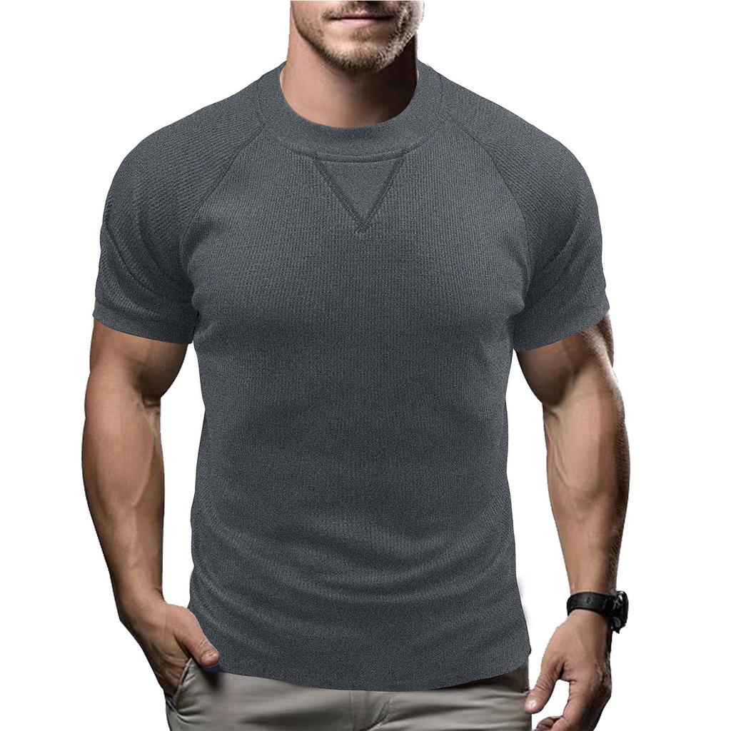 Men Solid Waffle Crew Neck Short Sleeve Loose Casual T Shirt