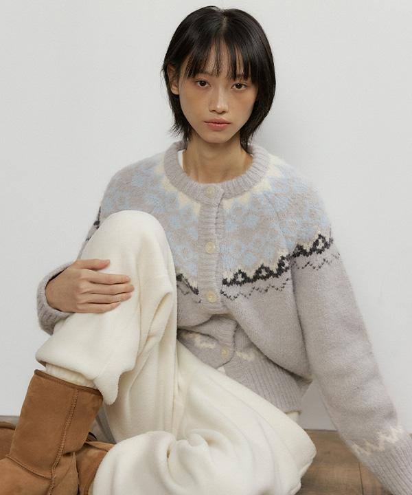 Lingseoul Alpaca Nordic Knit Cardigan-Light Gray