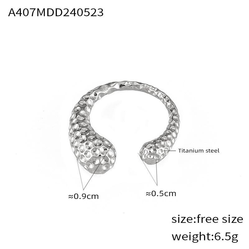 European & American Large Titanium Steel Water Drop Ring, 18K Gold Plated, Hammered Texture, Asymmetrical Open Design