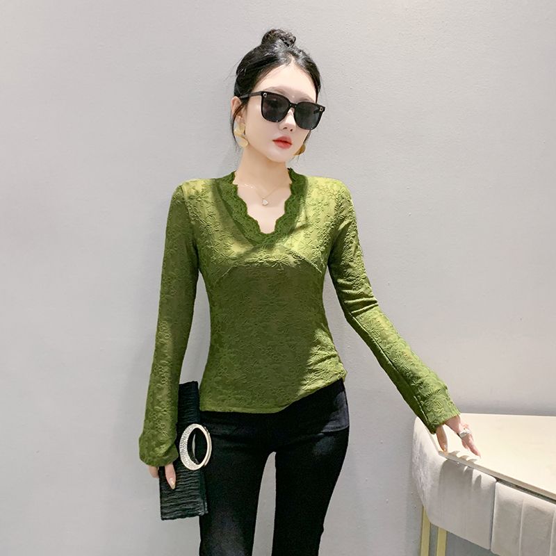 Plus Size Women's Clothing Fashion Spring/Summer New Arrival V-neck Lace Patchwork Mesh Flare Long Sleeved Fitted T-shirt Bottoming Shirt