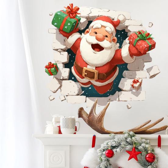 Christmas Party Supplies 3D Santa Claus Wall Decals, Break Through Reindeer Seasonal Art Window Stickers, Removable Winter Holiday Decorations