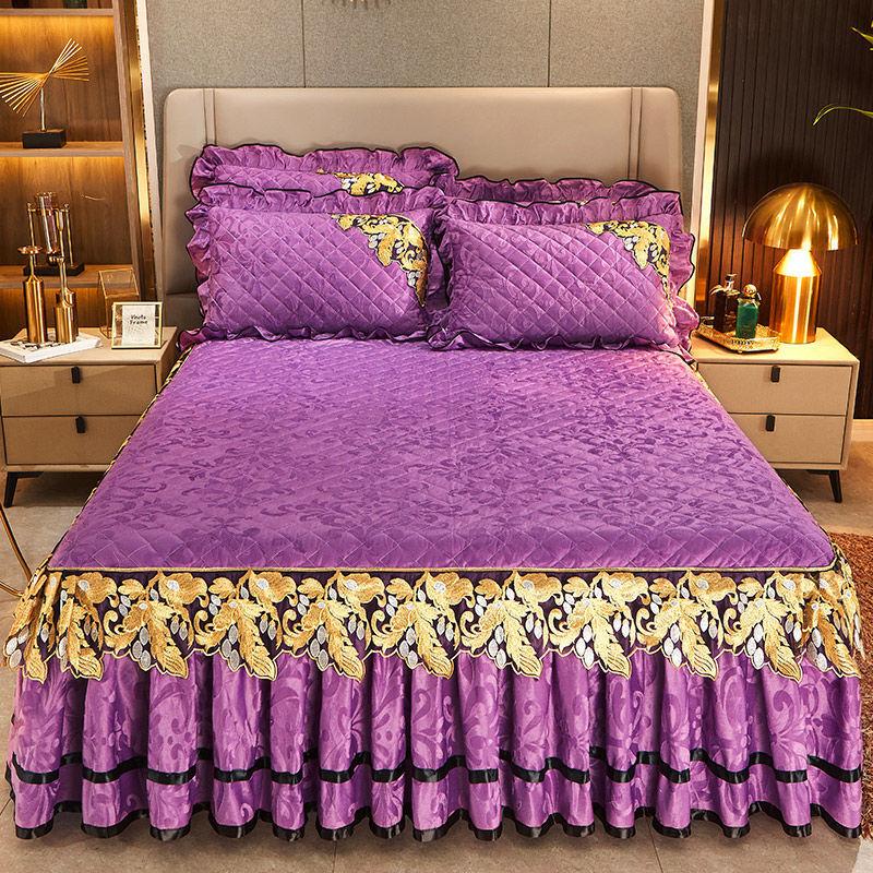 3-teiliges mehrlagiges Makramee-Bettrock-Set (Bettrock *1+ Kissenbezug*2, Ohne Füllung), Blumendruck Bettwäscheset für alle Jahreszeiten, universell, rutschfest