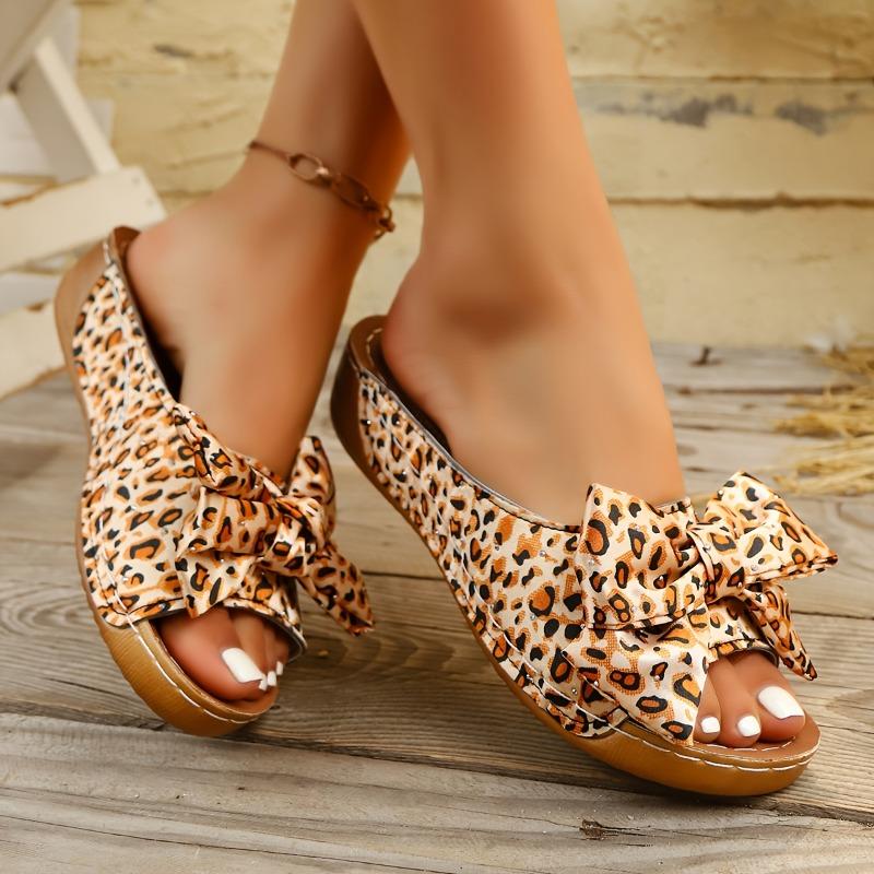 Women'S Fashion Leopard Print Wedge Sandals with Polka Dot Bow Detail - Open Toe, Slip-On, Mid-Heel Platform, Casual Summer Style