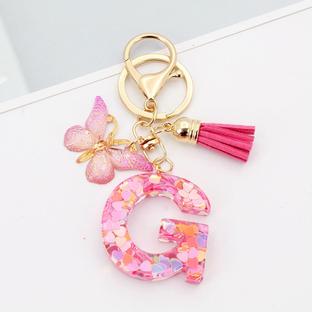 Fashion A-Z Letters Acrylic Keychain for Women Pink Butterfly Tassel Alphabet Car Key Ring Bag Charms Accessories Gift Jewelry