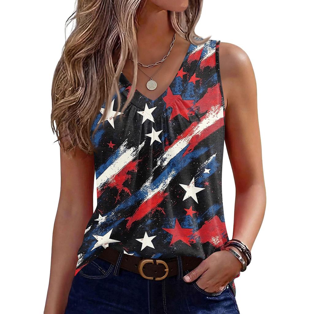 V-Neck Tank Top Women Print Tank Tee Casual Loose Fit Sleeveless Shirt