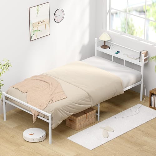 Holdm Single White Bed Frame with 300kg Weight Capacity and Two Outlets, White Pipe Bed Frame with Outlets, Headboard Shelf, Steel Bed Frame, Quiet, S