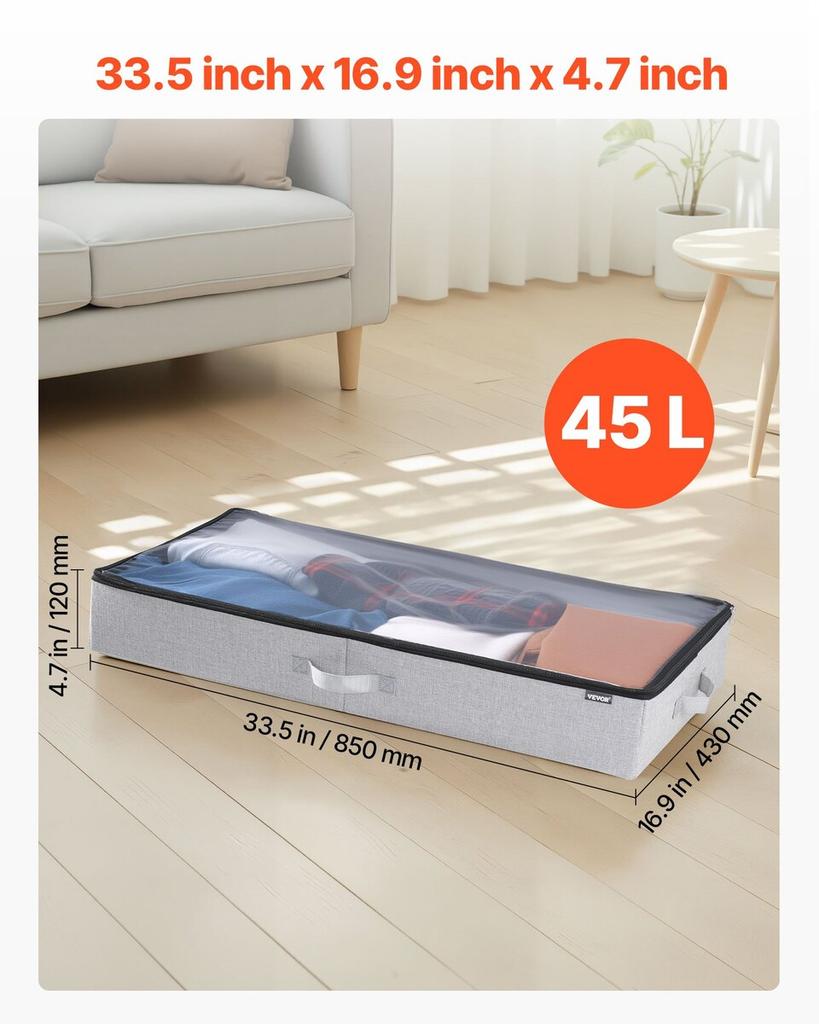Under Bed Storage with Clear Lids, 850 x 430 x 120 mm, 45L Large Underbed Clothes Storage Containers, Low Profile Under Bed Drawer Shoe Organizer Bins