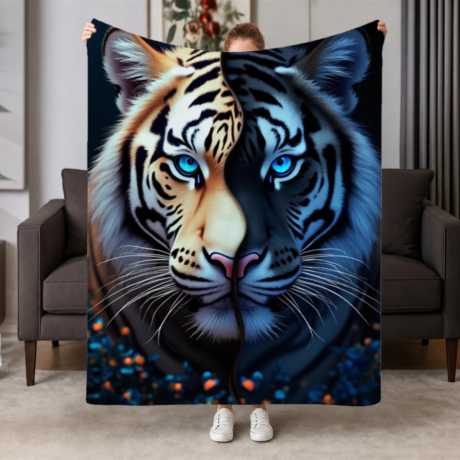 Half?light Half?dark Contrast Color Blue?eyed Tiger Head Print Flannel Throw Blanket Soft Warm Blanket For Sofa Bedroom Ornament