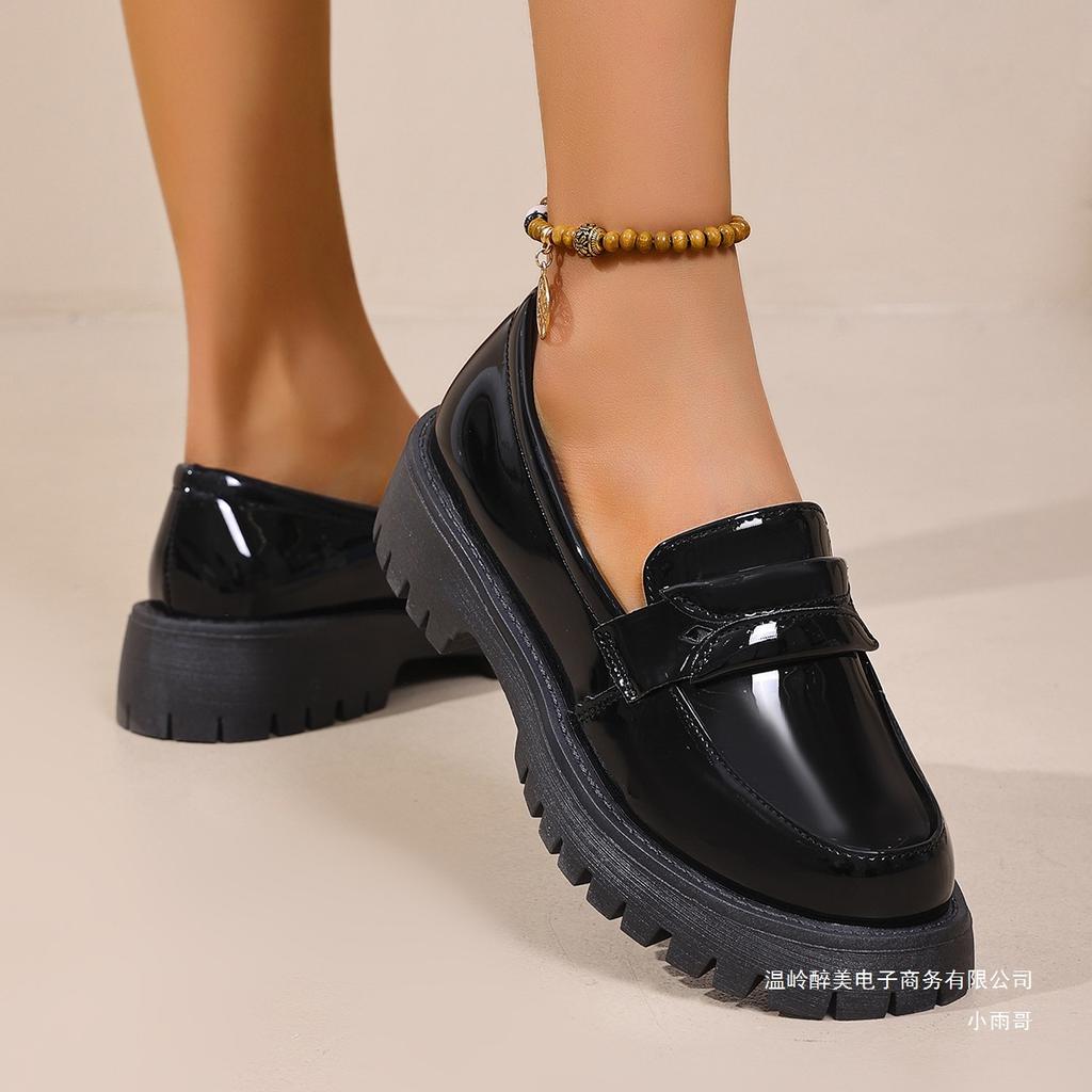 Fashion New patent leather low-top thick-soled loafers for women, British-style small leather shoes, retro one-step loafers