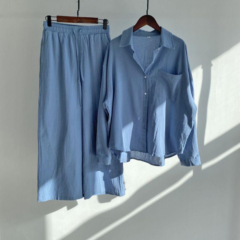 Shirt and Pants Set Summer Women's Retro Plus Size High Waist Loose Pants Cotton Linen Shirt Outfit