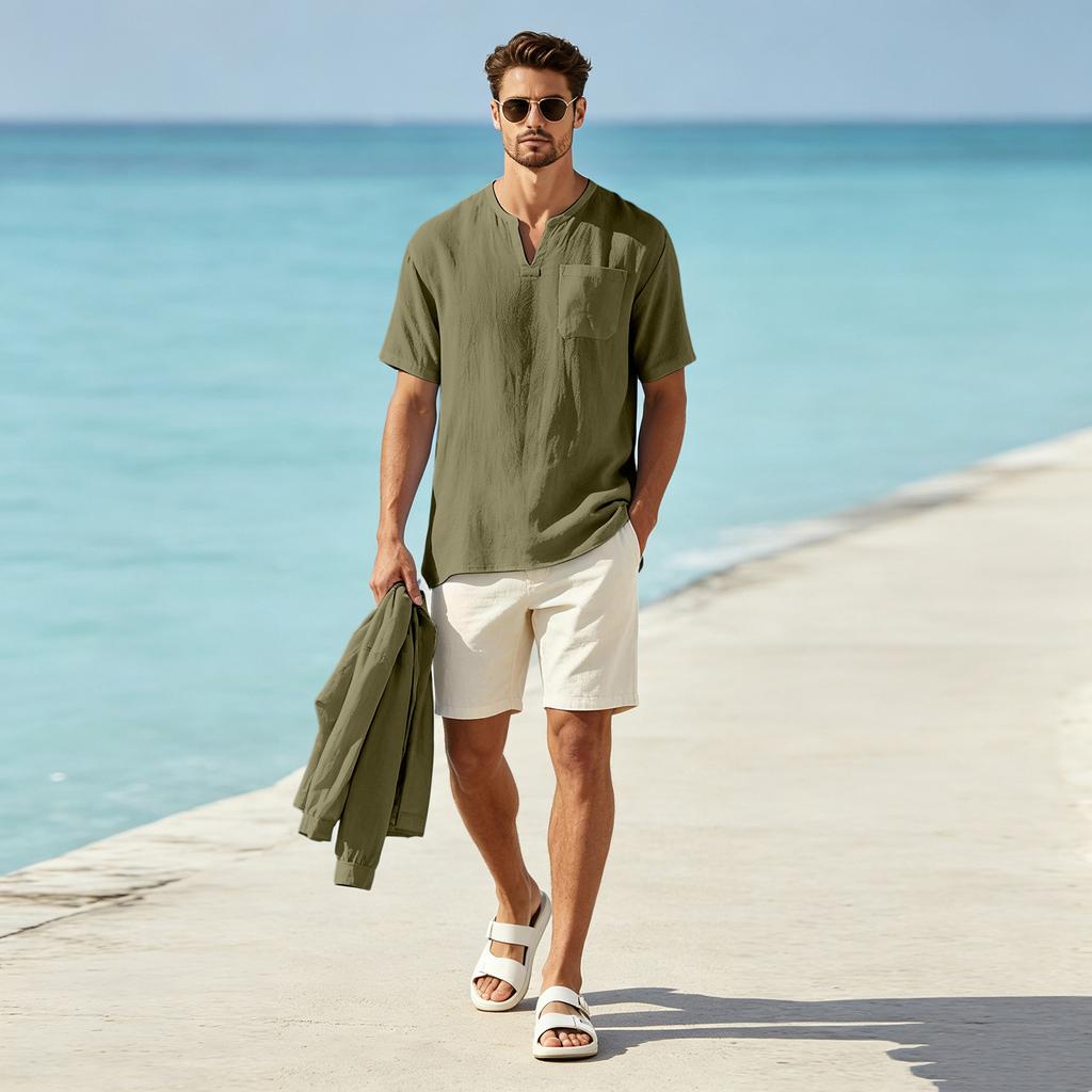 Men's Casual Linen Short Sleeve V-Neck Beach Shirt