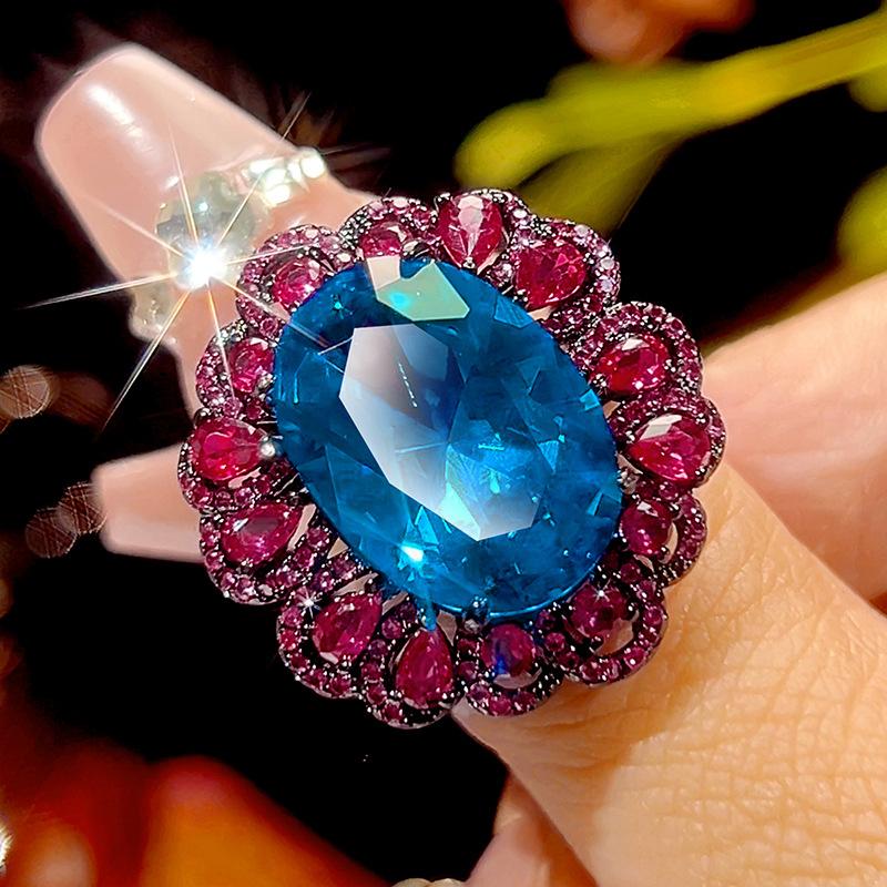 

Autumn and winter new huabi jewelry simulation blue spinel retro black gold jewelry set main stone 13 * 18-10-12