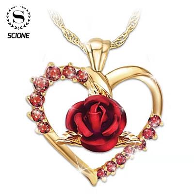 Gold-plated Heart-shaped Ruby Rose Pendant Necklace Love Necklace Romantic Luxury Anniversary Gift