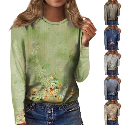 Women's Fashion Casual Long Sleeve Print Round Neck Pullover Top Blouse
