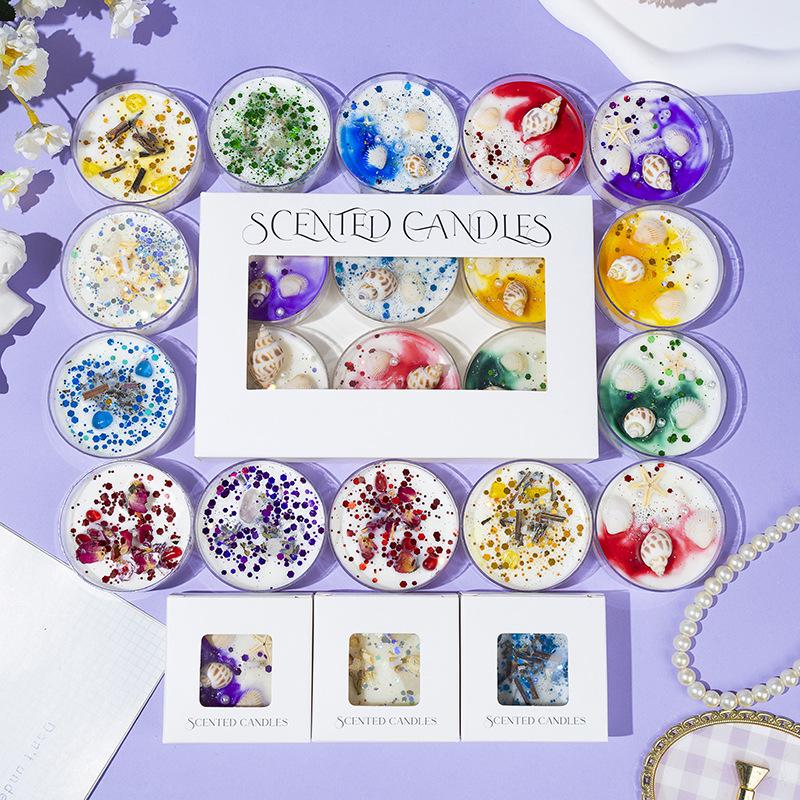 Scented Soy Wax Candles with Dried Flowers and Glitter - Crystal Shell Collection Gift Set