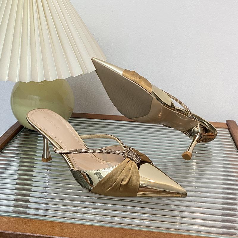 Women's Block Heel Sandals 2025 Summer Satin Pointed Toe Rhinestone High Heels Fashionable Slip On Mules