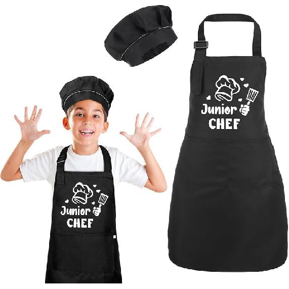 Auidy_6TXD Kids Apron and Chef Hat Set, Funny Apron (Junior CHEF) Adjustable Child Apron with 2 Pockets Waterproof Chef in Training Gifts for Boys Junior Chef