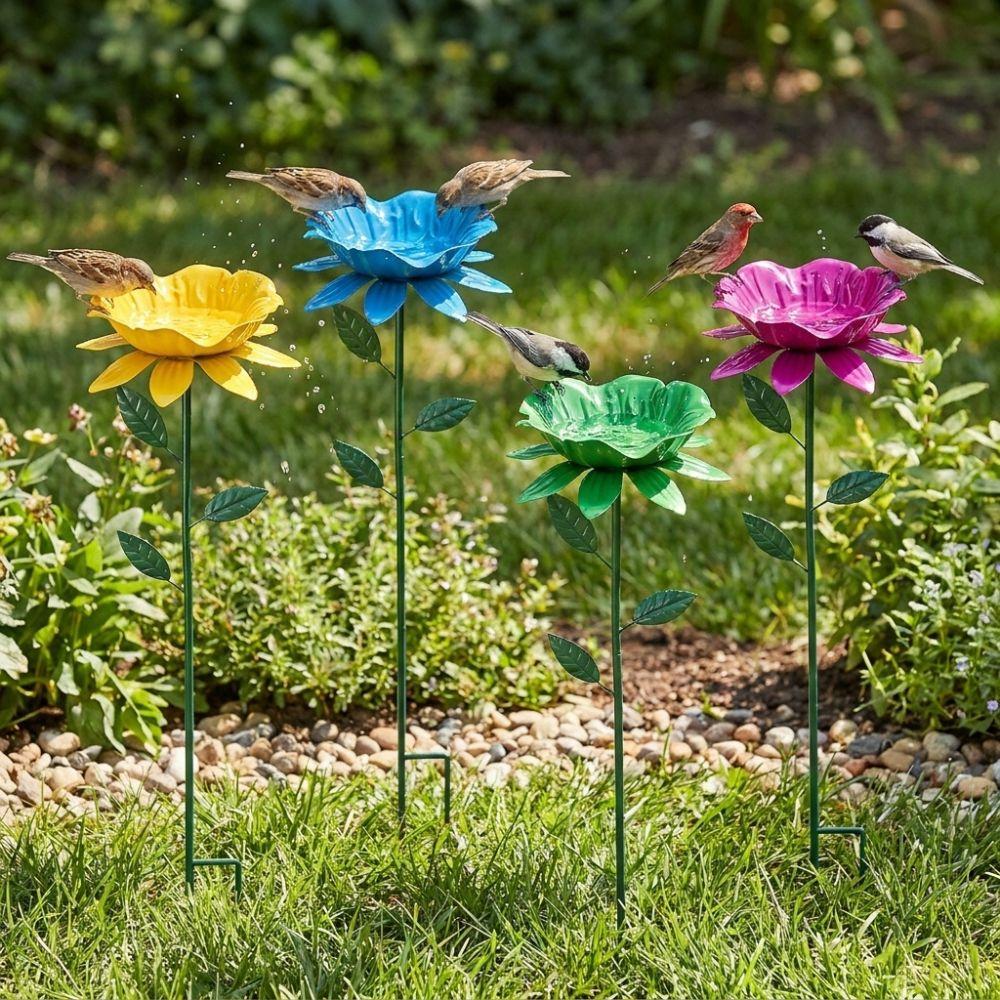 Flower Shape Metal Garden Birdbath Handcrafted Weather Resistant Bird Bath Stake Wavy Curved Petal Rust Resistant