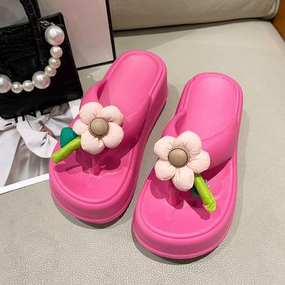 Cute Flowers Soft Beach Slippers Female 2024 Thick Bottom Home Outside Wear Flip-flops Non-slip Comfort Summer Zapatos Mujer