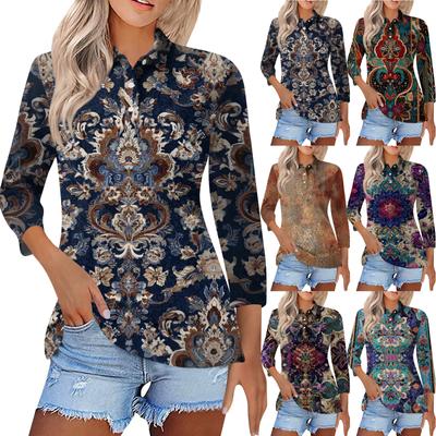 Kadın Modası Günlük Yaka Kısa 3/4 Kol Baskılı Gömlek Kadın Düğmeli Üstler