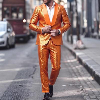 Herren Glitzerndes Orange Party Anzug Set Zweiteilig Formelles Outfit Bühne Club Hochzeit Event Freizeitkleidung