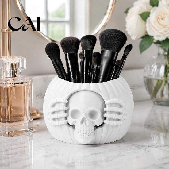 Autumn Desktop Decor Accessories Halloween Skull Pumpkin Pen Holder, Gothic Decorative Pencil Cup, Spooky Desk Organizer for Party Home Unique