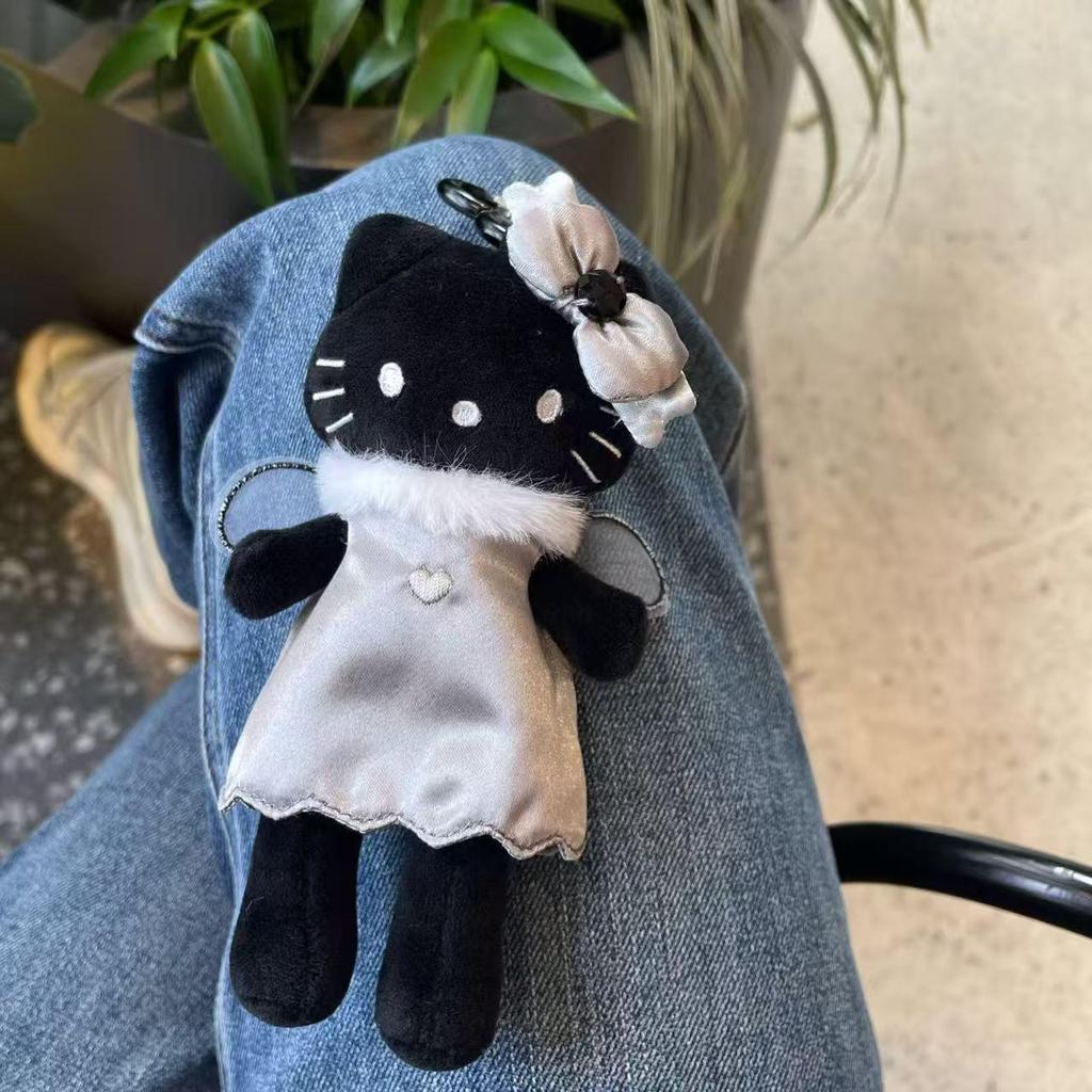 Angelo Nero Gatto dalle Gambe Lunghe Peluche Portachiavi a Forma di Cuore Giocattolo Ciondolo