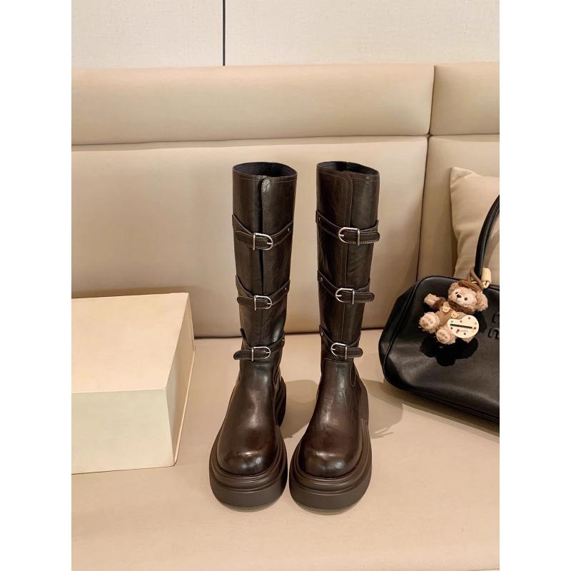 Cowhide 6cm Thick-soled But Knee Boots Women's Autumn and Winter Belt Buckle Thin Boots Western Knight Boots