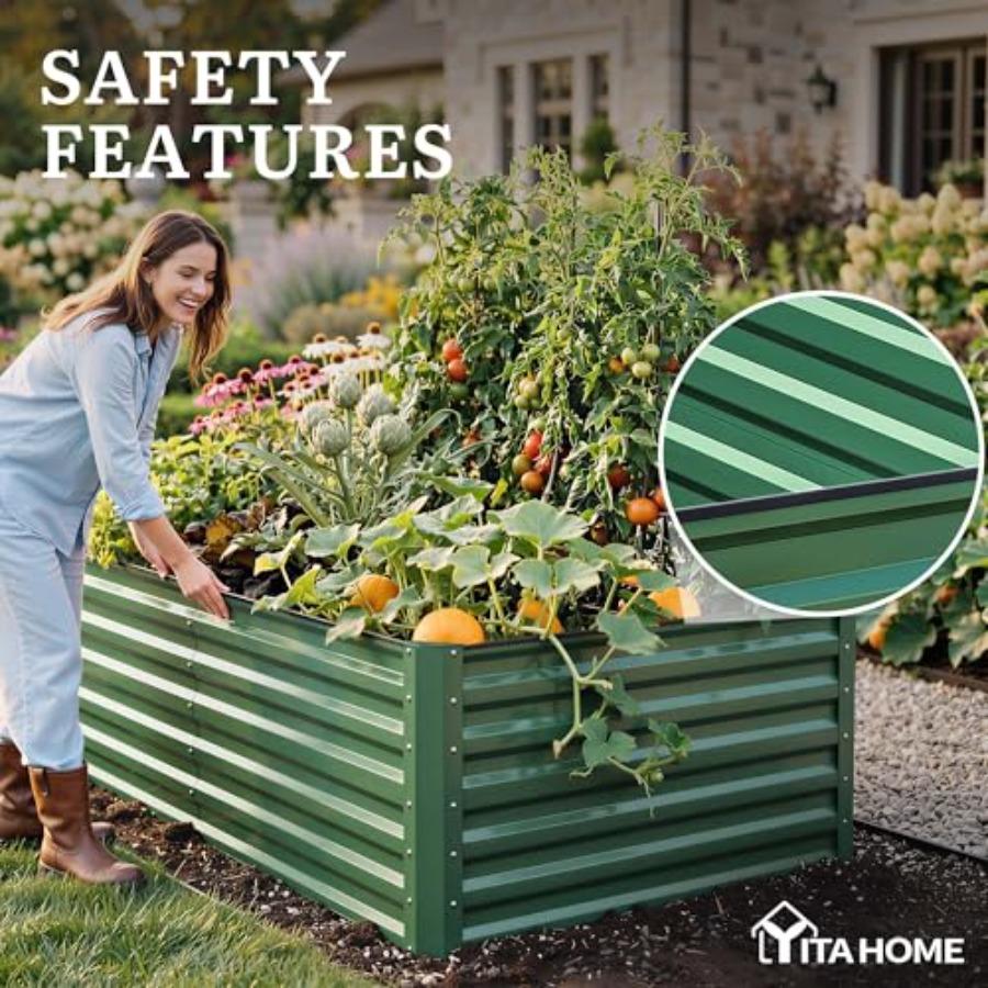 8x4x2ft Large Raised Garden Bed Kit Galvanized Metal Planter Box with Gloves Ground Nails Support Rod Safety Rubber Outdoor Abo