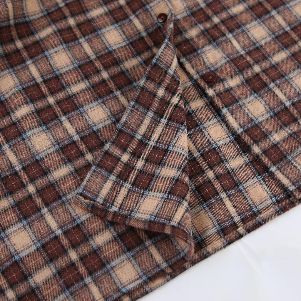 Brune Rutete Bluser Dame Streetwear Langermet Løse Skjorter Casual Nedslått Krage Kontordame Rutete Topper