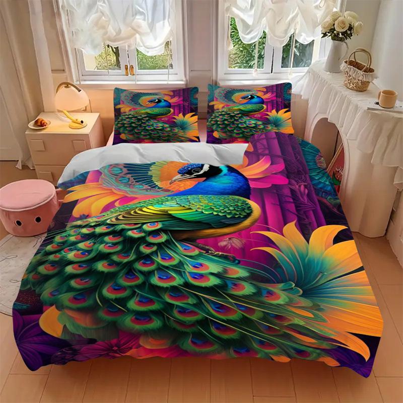 3pcs Peacock Feather Print Duvet Cover Set - Includes 1 Duvet Cover and 2 Pillowcases, No Quilt Core, All-Season Home Decor yy251111024
