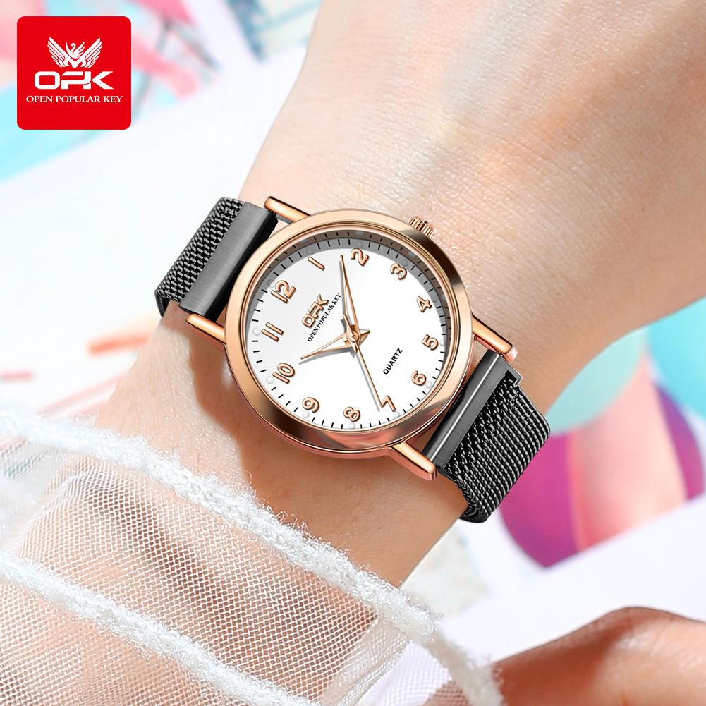 OPK 8115 Women's Watches Simple Fashion Oirginal Wristwatch for Female Stainless Steel Mesh Strap Waterproof Luminous Reloj