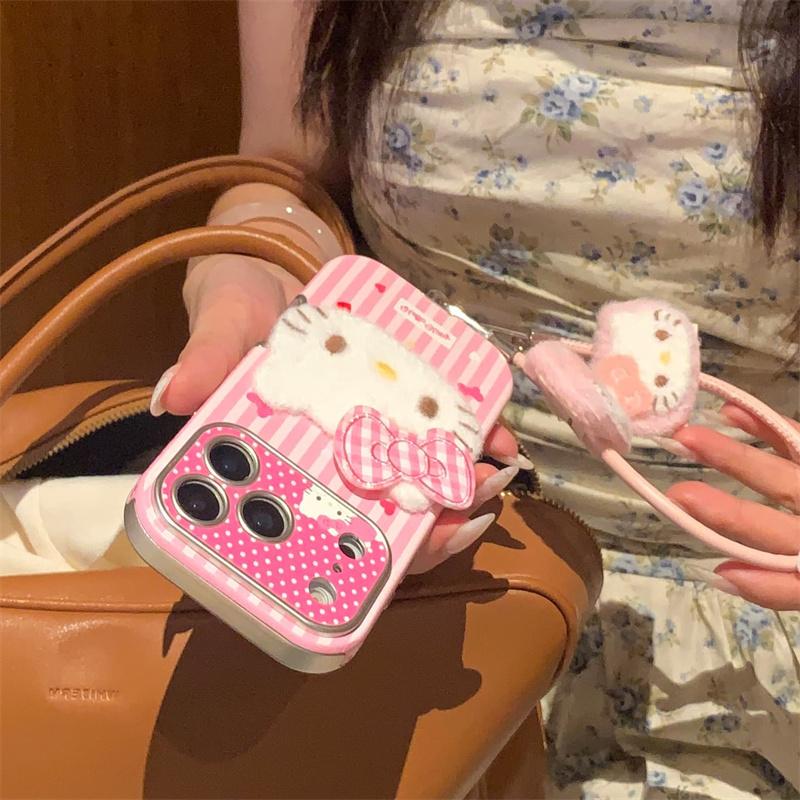 Fashion Pink Stripe Cute Hellokitty Phone Case For iPhone 17 Pro 16 15 14 Pro Max Cover with Hand Strap Shockproof Protective Ca