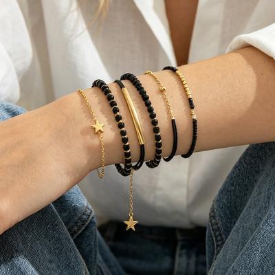 6PCS Handmade Black Glass Stone Beaded Bracelets for Women Boho Jewelry Party Gift