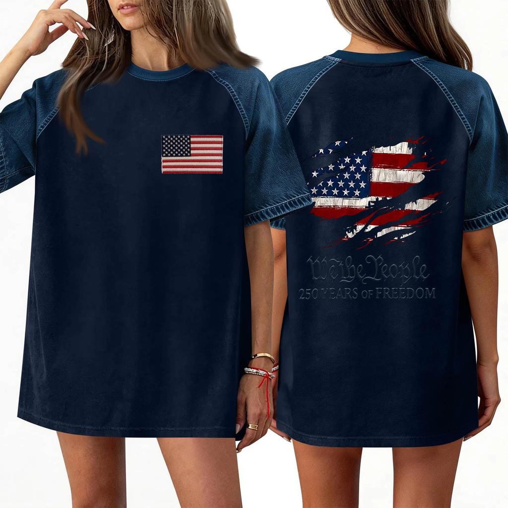 Denim Patchwork Shirts For Women Stand Collar Casual Blouse Short Sleeve Comfy Tshirt Spring Summer Fashion