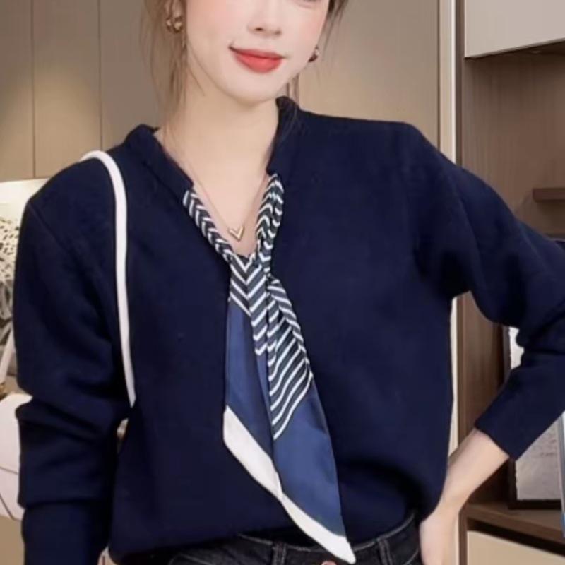 

Korean Style Knit Cardigan Sweater with Scarf - Women s Loose Fit, Long Sleeve, Perfect for Autumn and Winter One Size темно-синий