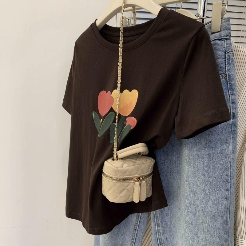 

Женская летняя новая футболка цвета хаки с коротким рукавом, корейская, свободная, универсальная, модная, с цветочным принтом, хлопковый топ S чёрный