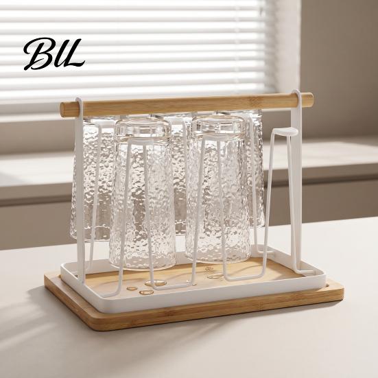 Space-saving Cup Rack Iron Drying with Wood Handle & Drip Tray Baby Bottle Hygienic Dryer Holder Space-Saving Countertop Organizer for Mugs