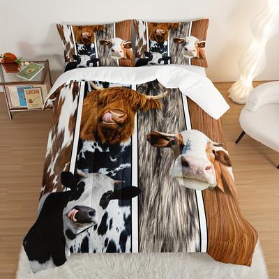 Juego de Cama Moderno de Moda de 3 Piezas (1 Funda de edredón* + 2*Fundas de almohada Sin relleno) Juego de Ropa de Cama con Estampado 3D de Vaca de Granja Suave Cómodo